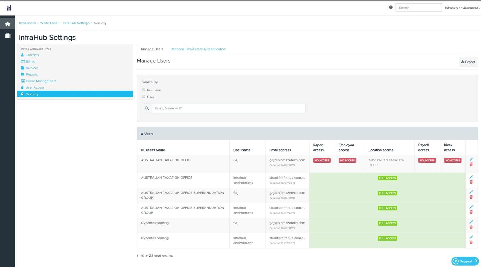 infra hub - settings